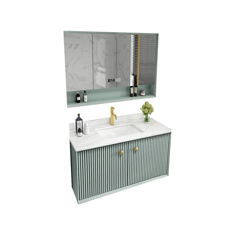 Wood Frame Vanity Glam Green Single Sink Mirror Wall-Mounted Bath Vanity with Drawers Vanity & Faucet & Mirror Cabinet 24"L x 21"W x 22"H Clearhalo 'Bathroom Remodel & Bathroom Fixtures' 'Bathroom Vanities' 'bathroom_vanities' 'Home Improvement' 'home_improvement' 'home_improvement_bathroom_vanities' 7099527