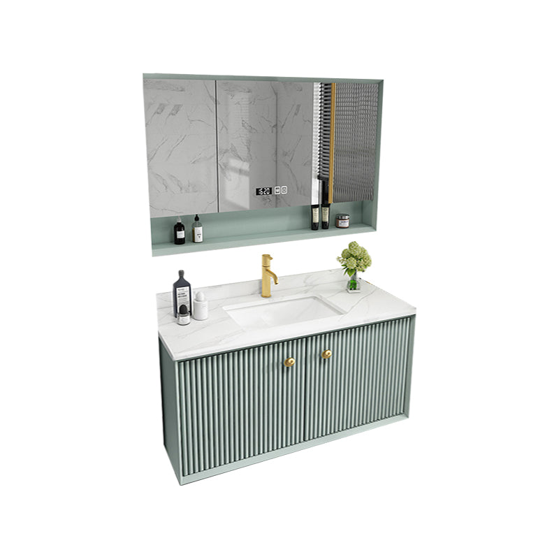Wood Frame Vanity Glam Green Single Sink Mirror Wall-Mounted Bath Vanity with Drawers Vanity & Faucet & Mirror Cabinet 28"L x 21"W x 22"H Clearhalo 'Bathroom Remodel & Bathroom Fixtures' 'Bathroom Vanities' 'bathroom_vanities' 'Home Improvement' 'home_improvement' 'home_improvement_bathroom_vanities' 7099528