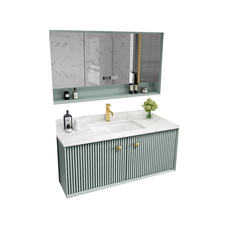 Wood Frame Vanity Glam Green Single Sink Mirror Wall-Mounted Bath Vanity with Drawers Vanity & Faucet & Mirror Cabinet 39"L x 21"W x 22"H Clearhalo 'Bathroom Remodel & Bathroom Fixtures' 'Bathroom Vanities' 'bathroom_vanities' 'Home Improvement' 'home_improvement' 'home_improvement_bathroom_vanities' 7099531