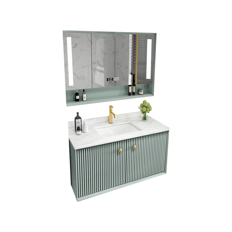 Wood Frame Vanity Glam Green Single Sink Mirror Wall-Mounted Bath Vanity with Drawers Vanity & Faucet & Smart Medicine Cabinet 24"L x 21"W x 22"H Clearhalo 'Bathroom Remodel & Bathroom Fixtures' 'Bathroom Vanities' 'bathroom_vanities' 'Home Improvement' 'home_improvement' 'home_improvement_bathroom_vanities' 7099534