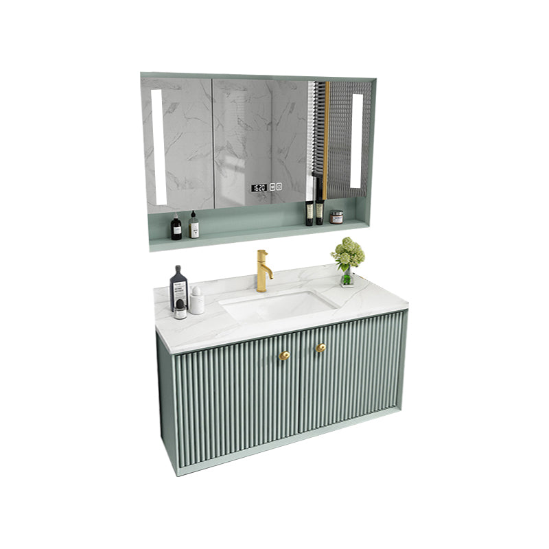 Wood Frame Vanity Glam Green Single Sink Mirror Wall-Mounted Bath Vanity with Drawers Vanity & Faucet & Smart Medicine Cabinet 28"L x 21"W x 22"H Clearhalo 'Bathroom Remodel & Bathroom Fixtures' 'Bathroom Vanities' 'bathroom_vanities' 'Home Improvement' 'home_improvement' 'home_improvement_bathroom_vanities' 7099535