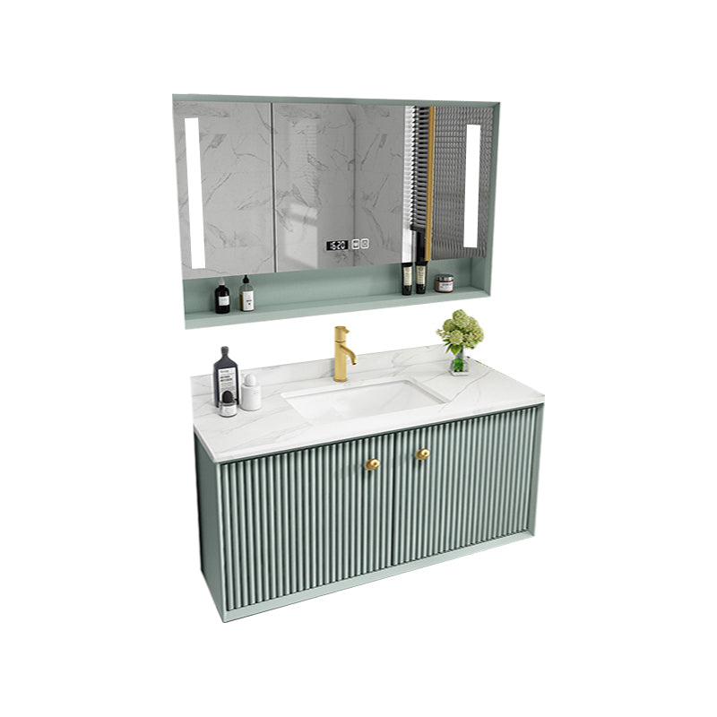 Wood Frame Vanity Glam Green Single Sink Mirror Wall-Mounted Bath Vanity with Drawers Vanity & Faucet & Smart Medicine Cabinet 31"L x 21"W x 22"H Clearhalo 'Bathroom Remodel & Bathroom Fixtures' 'Bathroom Vanities' 'bathroom_vanities' 'Home Improvement' 'home_improvement' 'home_improvement_bathroom_vanities' 7099536