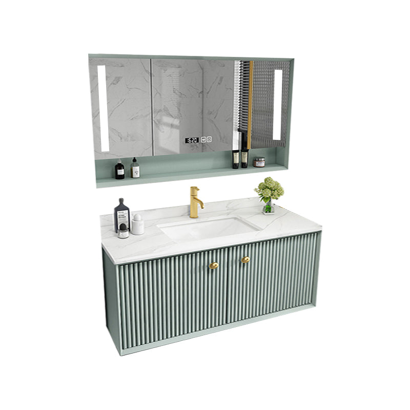 Wood Frame Vanity Glam Green Single Sink Mirror Wall-Mounted Bath Vanity with Drawers Vanity & Faucet & Smart Medicine Cabinet 39"L x 21"W x 22"H Clearhalo 'Bathroom Remodel & Bathroom Fixtures' 'Bathroom Vanities' 'bathroom_vanities' 'Home Improvement' 'home_improvement' 'home_improvement_bathroom_vanities' 7099538