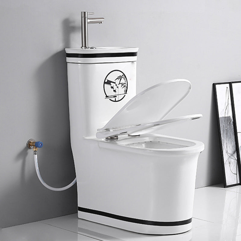 Contemporary Ceramic Flush Toilet Seat Included Urine Toilet for Washroom Black White Cold Water Dispensor ( eft) 16" Clearhalo 'Bathroom Remodel & Bathroom Fixtures' 'Home Improvement' 'home_improvement' 'home_improvement_toilets' 'Toilets & Bidets' 'Toilets' 7105396