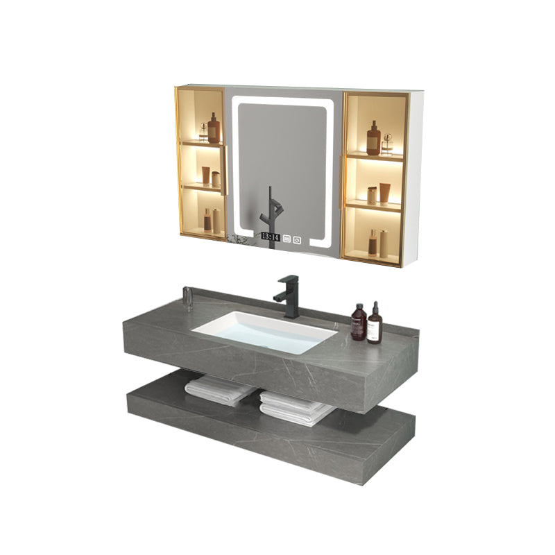 Grey Bath Vanity Rectangle Single Sink Mirror Shelving Included Stone Bathroom Vanity Vanity & Faucet & Smart Medicine Cabinet 1 Clearhalo 'Bathroom Remodel & Bathroom Fixtures' 'Bathroom Vanities' 'bathroom_vanities' 'Home Improvement' 'home_improvement' 'home_improvement_bathroom_vanities' 7110116