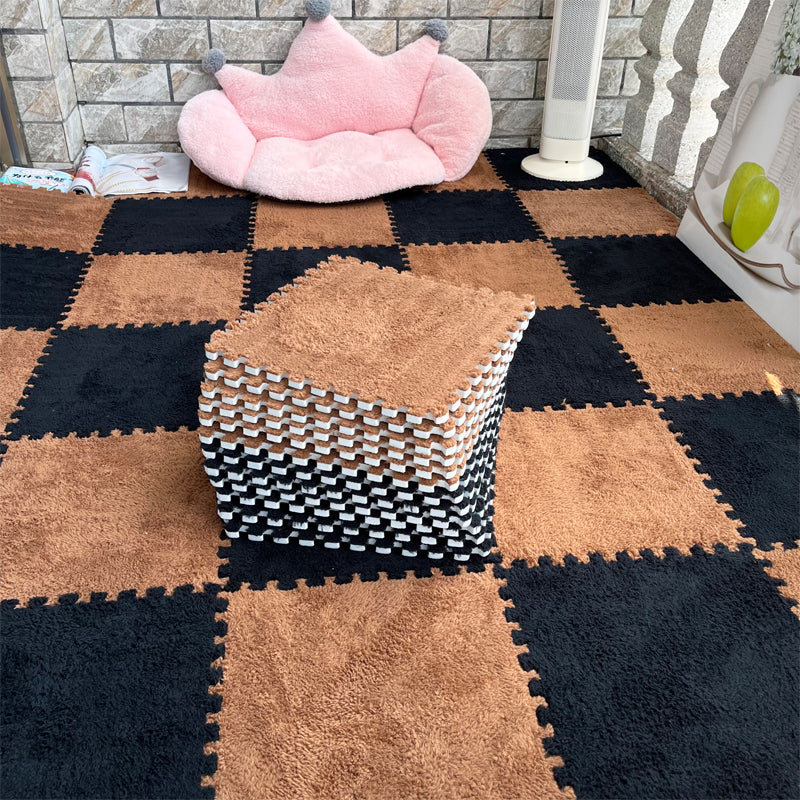 Modern Carpet Floor Tile Interlocking Plush Cut Non-Skid Tiles and Carpet Coffee + Black Clearhalo 'Carpet Tiles & Carpet Squares' 'carpet_tiles_carpet_squares' 'Flooring 'Home Improvement' 'home_improvement' 'home_improvement_carpet_tiles_carpet_squares' Walls and Ceiling' 7110404