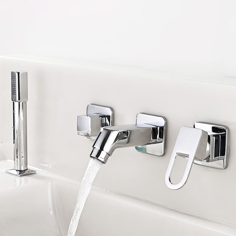 Wall Mounted Faucet Brass Lever Handle Bathroom Faucet Handhold Head Silver Gray Clearhalo 'Bathroom Remodel & Bathroom Fixtures' 'Bathroom Sink Faucets' 'Bathroom Sinks & Faucet Components' 'bathroom_sink_faucets' 'Home Improvement' 'home_improvement' 'home_improvement_bathroom_sink_faucets' 7110591