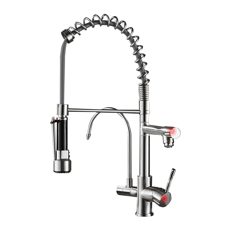 Modern Farmhouse Spring Spout Kitchen Sink Faucet Gooseneck with Pull Down Sprayer Nickel Dual Mode Double Tap for Water Purification Clearhalo 'Home Improvement' 'home_improvement' 'home_improvement_kitchen_faucets' 'Kitchen Faucets' 'Kitchen Remodel & Kitchen Fixtures' 'Kitchen Sinks & Faucet Components' 'kitchen_faucets' 7110862