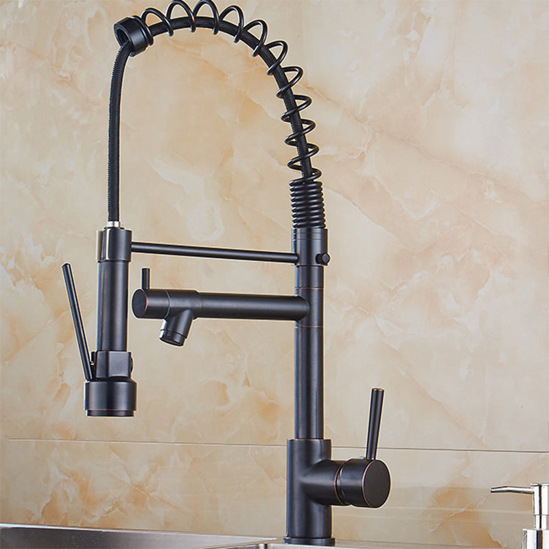 Modern Farmhouse Spring Spout Kitchen Sink Faucet Gooseneck with Pull Down Sprayer Black Single Pattern Standard Clearhalo 'Home Improvement' 'home_improvement' 'home_improvement_kitchen_faucets' 'Kitchen Faucets' 'Kitchen Remodel & Kitchen Fixtures' 'Kitchen Sinks & Faucet Components' 'kitchen_faucets' 7110863