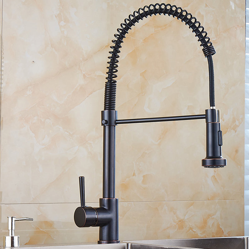 Modern Farmhouse Spring Spout Kitchen Sink Faucet Gooseneck with Pull Down Sprayer Bright Black Single Pattern Standard Clearhalo 'Home Improvement' 'home_improvement' 'home_improvement_kitchen_faucets' 'Kitchen Faucets' 'Kitchen Remodel & Kitchen Fixtures' 'Kitchen Sinks & Faucet Components' 'kitchen_faucets' 7110867