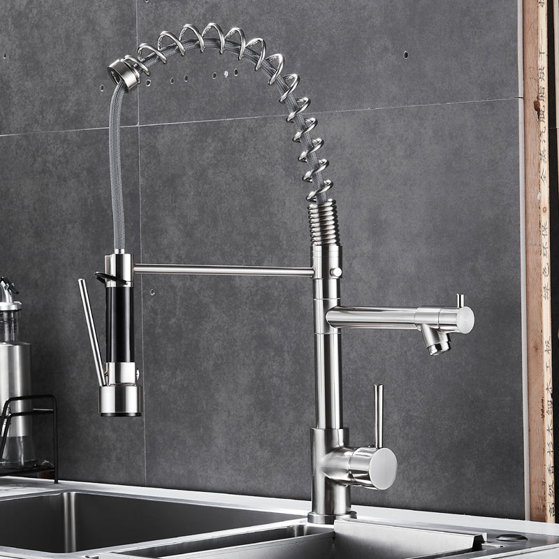 Modern Farmhouse Spring Spout Kitchen Sink Faucet Gooseneck with Pull Down Sprayer Nickel Single Pattern Standard Clearhalo 'Home Improvement' 'home_improvement' 'home_improvement_kitchen_faucets' 'Kitchen Faucets' 'Kitchen Remodel & Kitchen Fixtures' 'Kitchen Sinks & Faucet Components' 'kitchen_faucets' 7110871