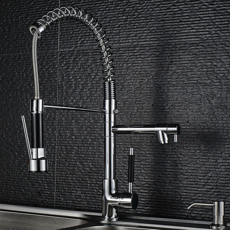 Modern Farmhouse Spring Spout Kitchen Sink Faucet Gooseneck with Pull Down Sprayer Silver Single Pattern Standard Clearhalo 'Home Improvement' 'home_improvement' 'home_improvement_kitchen_faucets' 'Kitchen Faucets' 'Kitchen Remodel & Kitchen Fixtures' 'Kitchen Sinks & Faucet Components' 'kitchen_faucets' 7110873