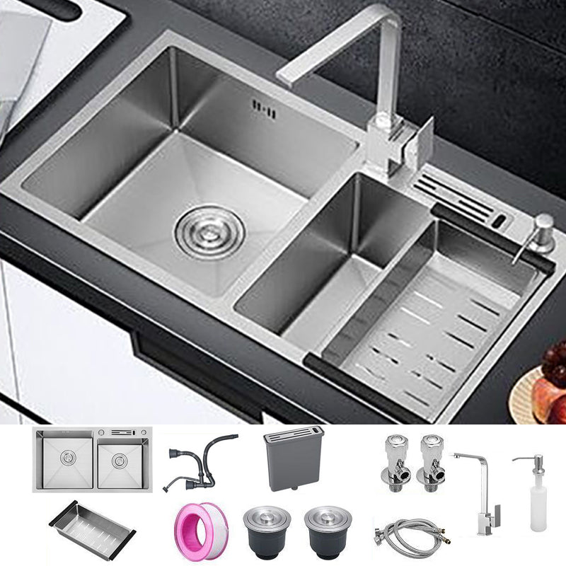 Drop-In Kitchen Sink Stainless Steel Modern Style Rectangle Kitchen Double Sink Sink with Faucet Square Faucet Clearhalo 'Home Improvement' 'home_improvement' 'home_improvement_kitchen_sinks' 'Kitchen Remodel & Kitchen Fixtures' 'Kitchen Sinks & Faucet Components' 'Kitchen Sinks' 'kitchen_sinks' 7110987