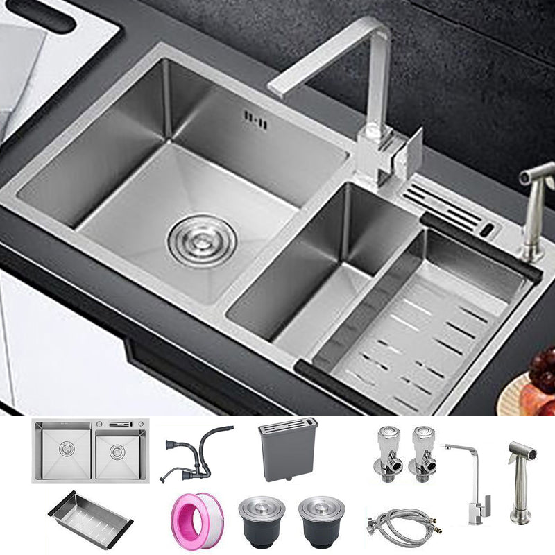 Drop-In Kitchen Sink Stainless Steel Modern Style Rectangle Kitchen Double Sink Sink with Faucet Square Faucet & Spray Gun Clearhalo 'Home Improvement' 'home_improvement' 'home_improvement_kitchen_sinks' 'Kitchen Remodel & Kitchen Fixtures' 'Kitchen Sinks & Faucet Components' 'Kitchen Sinks' 'kitchen_sinks' 7110989