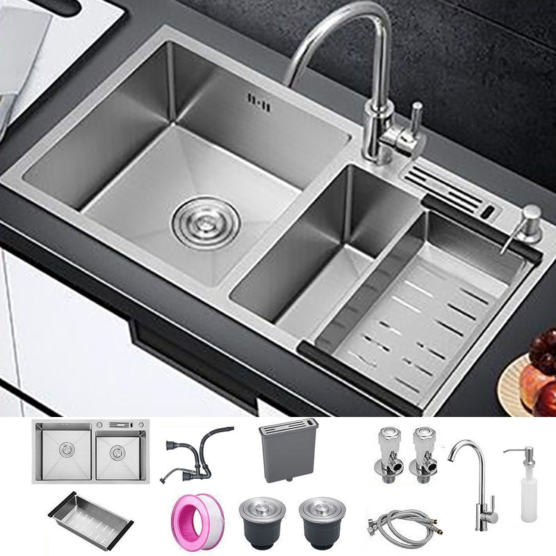 Drop-In Kitchen Sink Stainless Steel Modern Style Rectangle Kitchen Double Sink Sink with Faucet Round Faucet Clearhalo 'Home Improvement' 'home_improvement' 'home_improvement_kitchen_sinks' 'Kitchen Remodel & Kitchen Fixtures' 'Kitchen Sinks & Faucet Components' 'Kitchen Sinks' 'kitchen_sinks' 7110991