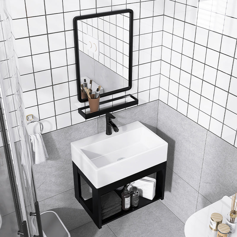 Contemporary Bathroom Sink Vanity Metal Wall-Mounted Bathroom Sink Vanity Vanity & Faucet & Mirrors 16"L x 9"W x 17"H Clearhalo 'Bathroom Remodel & Bathroom Fixtures' 'Bathroom Vanities' 'bathroom_vanities' 'Home Improvement' 'home_improvement' 'home_improvement_bathroom_vanities' 7111048