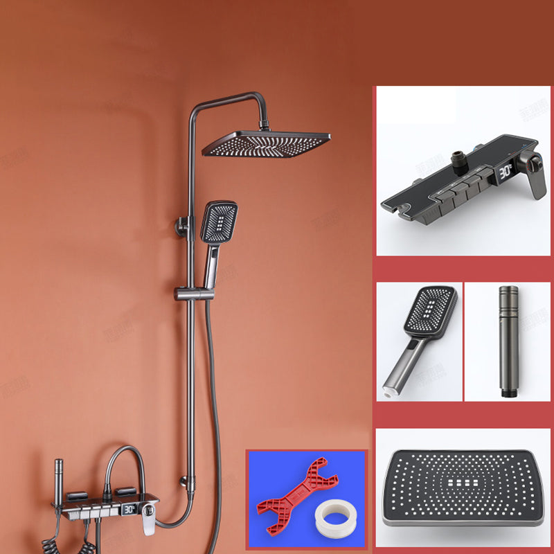 Grey Shower System Square Lever Handle Shower Hose Wall-Mounted Shower Arm Shower System Thermostatic Digital Display Included Clearhalo 'Bathroom Remodel & Bathroom Fixtures' 'Home Improvement' 'home_improvement' 'home_improvement_shower_faucets' 'Shower Faucets & Systems' 'shower_faucets' 'Showers & Bathtubs Plumbing' 'Showers & Bathtubs' 7111416