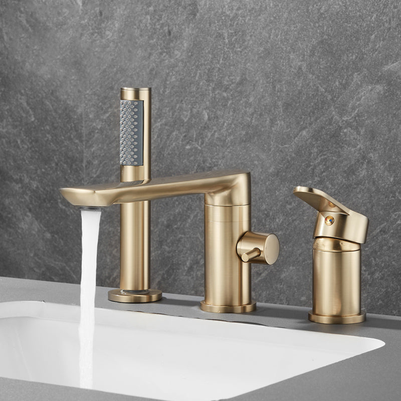 Modern Swivel Bathtub Faucet Double Handle Deck Mounted Bathroom Faucet with Handles Gold Right Angle Lever Handles Clearhalo 'Bathroom Remodel & Bathroom Fixtures' 'Bathtub Faucets' 'bathtub_faucets' 'Home Improvement' 'home_improvement' 'home_improvement_bathtub_faucets' 7111490