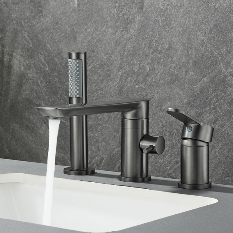 Modern Swivel Bathtub Faucet Double Handle Deck Mounted Bathroom Faucet with Handles Dark Gray Right Angle Lever Handles Clearhalo 'Bathroom Remodel & Bathroom Fixtures' 'Bathtub Faucets' 'bathtub_faucets' 'Home Improvement' 'home_improvement' 'home_improvement_bathtub_faucets' 7111492