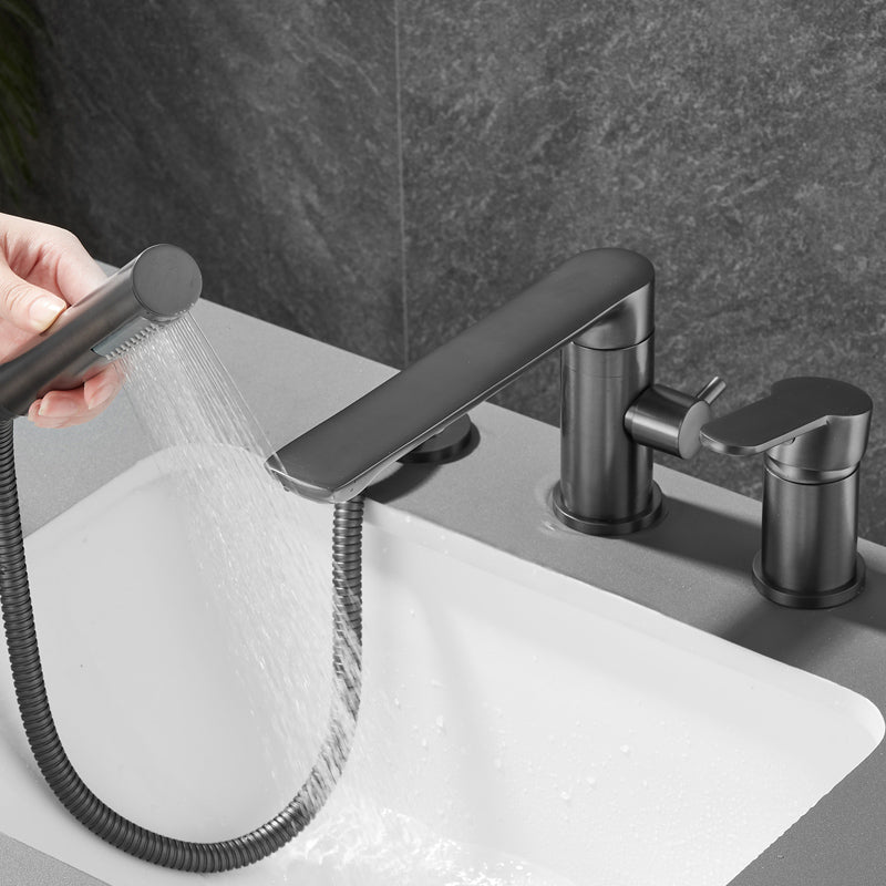 Modern Swivel Bathtub Faucet Double Handle Deck Mounted Bathroom Faucet with Handles Clearhalo 'Bathroom Remodel & Bathroom Fixtures' 'Bathtub Faucets' 'bathtub_faucets' 'Home Improvement' 'home_improvement' 'home_improvement_bathtub_faucets' 7111500