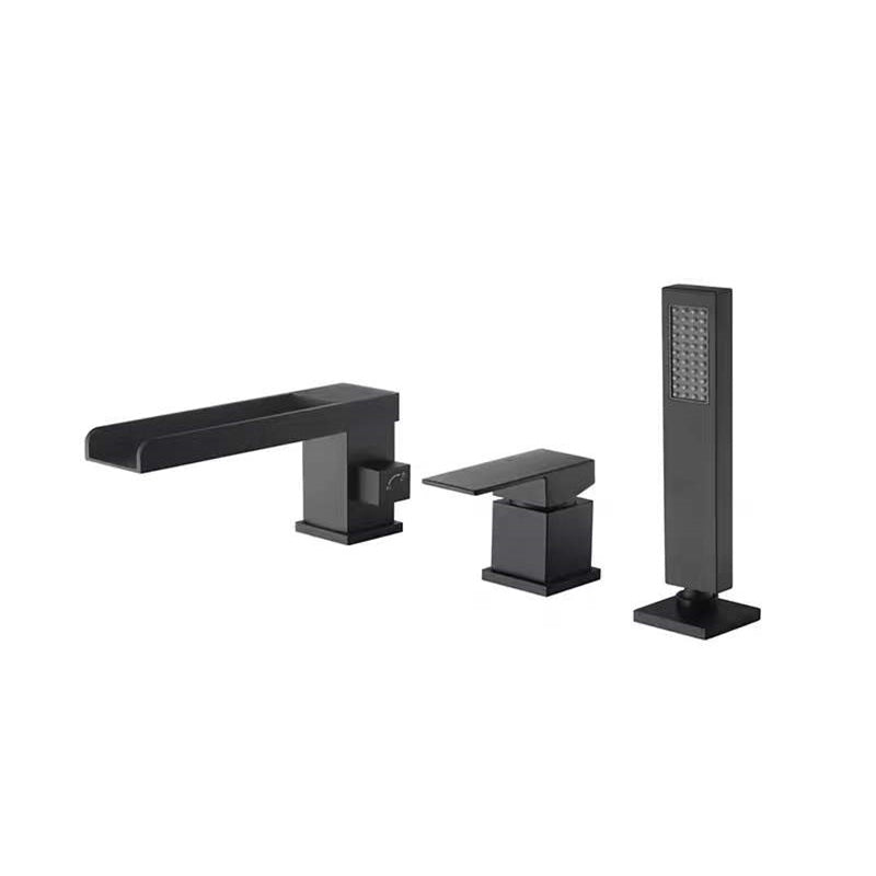 Modern Swivel Bathroom Faucet Low Arc Deck Mounted Bathtub Faucet Black Waterfall Faucet 3 Hole Faucets Clearhalo 'Bathroom Remodel & Bathroom Fixtures' 'Bathtub Faucets' 'bathtub_faucets' 'Home Improvement' 'home_improvement' 'home_improvement_bathtub_faucets' 7111518