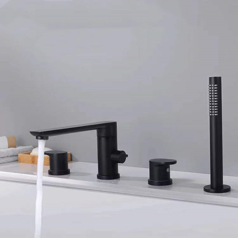 Modern Swivel Bathroom Faucet Low Arc Deck Mounted Bathtub Faucet Black Round Faucet 4 Hole Faucets Clearhalo 'Bathroom Remodel & Bathroom Fixtures' 'Bathtub Faucets' 'bathtub_faucets' 'Home Improvement' 'home_improvement' 'home_improvement_bathtub_faucets' 7111522