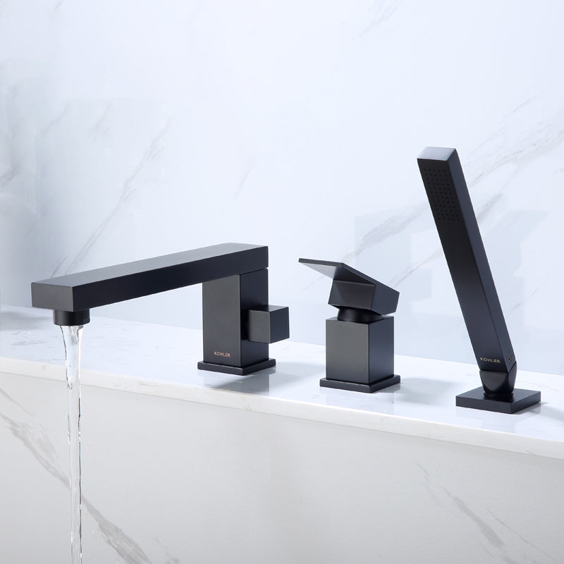 Modern Swivel Bathroom Faucet Low Arc Deck Mounted Bathtub Faucet Black Square Faucet 3 Hole Faucets Clearhalo 'Bathroom Remodel & Bathroom Fixtures' 'Bathtub Faucets' 'bathtub_faucets' 'Home Improvement' 'home_improvement' 'home_improvement_bathtub_faucets' 7111526