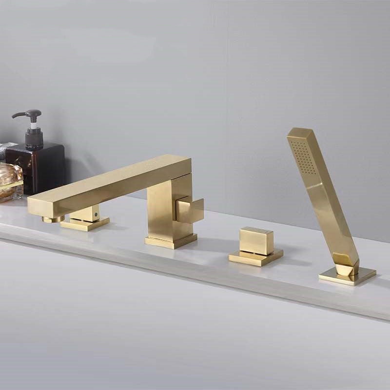 Modern Swivel Bathroom Faucet Low Arc Deck Mounted Bathtub Faucet Gold Square Faucet 4 Hole Faucets Clearhalo 'Bathroom Remodel & Bathroom Fixtures' 'Bathtub Faucets' 'bathtub_faucets' 'Home Improvement' 'home_improvement' 'home_improvement_bathtub_faucets' 7111530