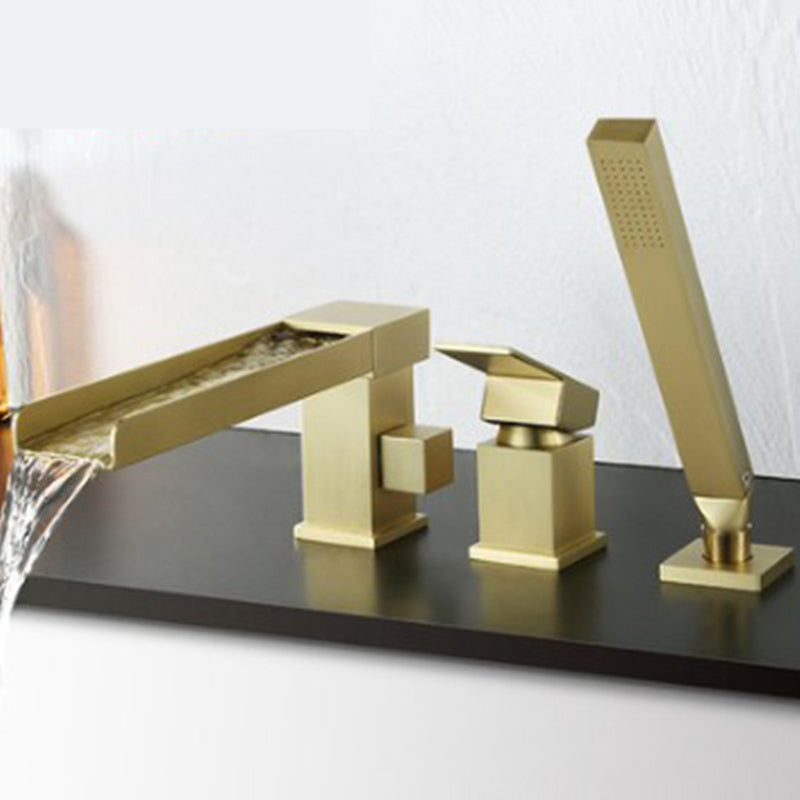 Modern Swivel Bathroom Faucet Low Arc Deck Mounted Bathtub Faucet Gold Waterfall Faucet 3 Hole Faucets Clearhalo 'Bathroom Remodel & Bathroom Fixtures' 'Bathtub Faucets' 'bathtub_faucets' 'Home Improvement' 'home_improvement' 'home_improvement_bathtub_faucets' 7111531