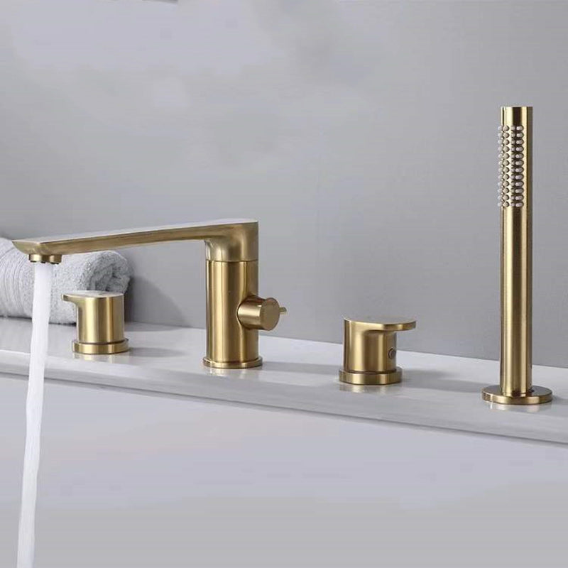 Modern Swivel Bathroom Faucet Low Arc Deck Mounted Bathtub Faucet Gold Round Faucet 4 Hole Faucets Clearhalo 'Bathroom Remodel & Bathroom Fixtures' 'Bathtub Faucets' 'bathtub_faucets' 'Home Improvement' 'home_improvement' 'home_improvement_bathtub_faucets' 7111534
