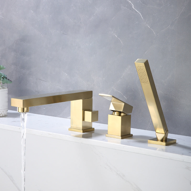Modern Swivel Bathroom Faucet Low Arc Deck Mounted Bathtub Faucet Gold Square Faucet 3 Hole Faucets Clearhalo 'Bathroom Remodel & Bathroom Fixtures' 'Bathtub Faucets' 'bathtub_faucets' 'Home Improvement' 'home_improvement' 'home_improvement_bathtub_faucets' 7111537