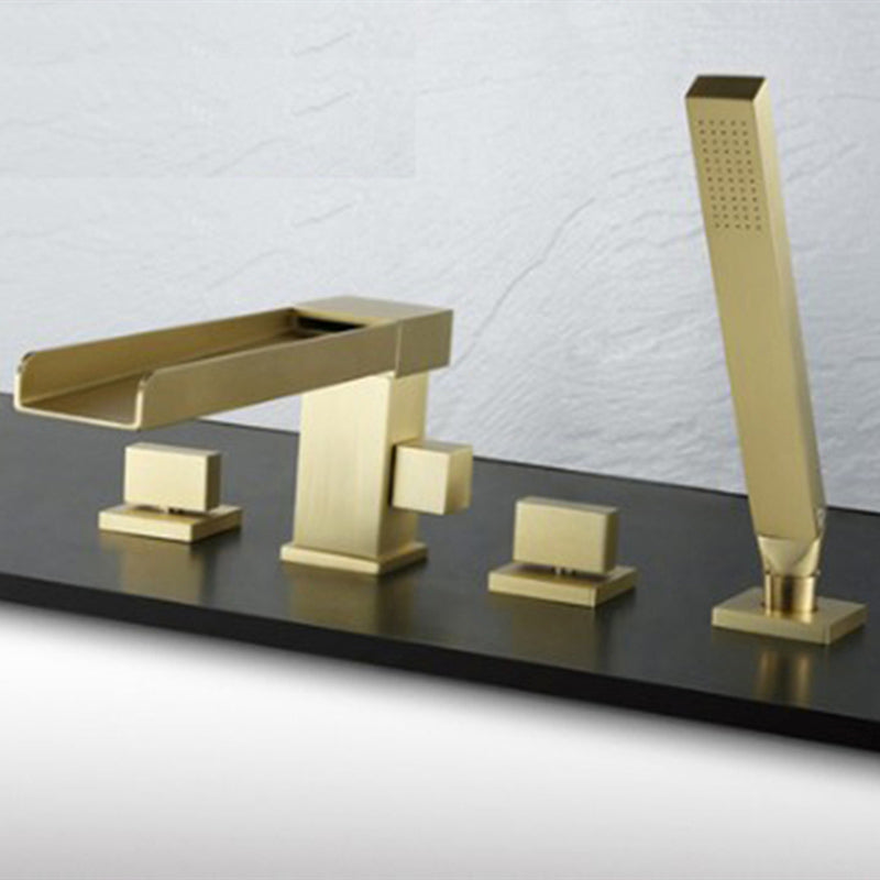 Modern Swivel Bathroom Faucet Low Arc Deck Mounted Bathtub Faucet Gold Waterfall Faucet 4 Hole Faucets Clearhalo 'Bathroom Remodel & Bathroom Fixtures' 'Bathtub Faucets' 'bathtub_faucets' 'Home Improvement' 'home_improvement' 'home_improvement_bathtub_faucets' 7111538