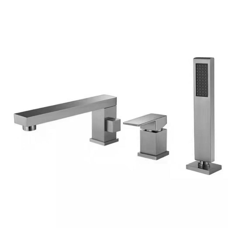 Modern Swivel Bathroom Faucet Low Arc Deck Mounted Bathtub Faucet Grey Square Faucet 3 Hole Faucets Clearhalo 'Bathroom Remodel & Bathroom Fixtures' 'Bathtub Faucets' 'bathtub_faucets' 'Home Improvement' 'home_improvement' 'home_improvement_bathtub_faucets' 7111540