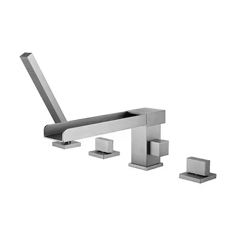 Modern Swivel Bathroom Faucet Low Arc Deck Mounted Bathtub Faucet Grey Waterfall Faucet 4 Hole Faucets Clearhalo 'Bathroom Remodel & Bathroom Fixtures' 'Bathtub Faucets' 'bathtub_faucets' 'Home Improvement' 'home_improvement' 'home_improvement_bathtub_faucets' 7111541