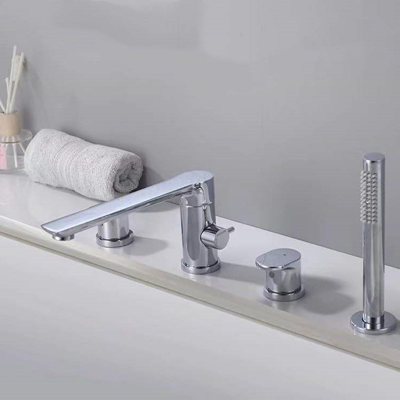 Modern Swivel Bathroom Faucet Low Arc Deck Mounted Bathtub Faucet Silver Round Faucet 4 Hole Faucets Clearhalo 'Bathroom Remodel & Bathroom Fixtures' 'Bathtub Faucets' 'bathtub_faucets' 'Home Improvement' 'home_improvement' 'home_improvement_bathtub_faucets' 7111543