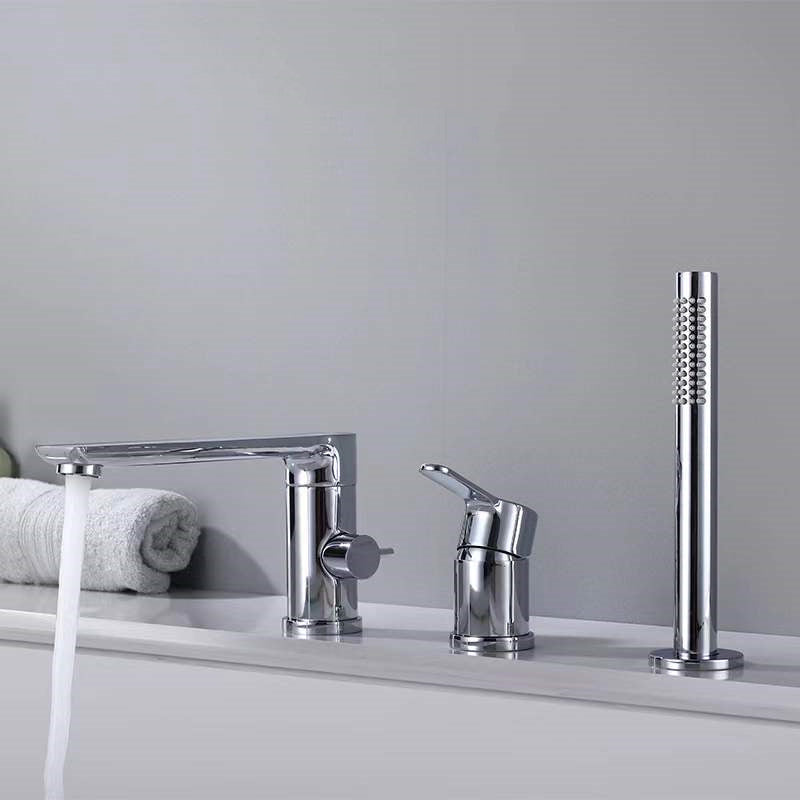 Modern Swivel Bathroom Faucet Low Arc Deck Mounted Bathtub Faucet Silver Round Faucet 3 Hole Faucets Clearhalo 'Bathroom Remodel & Bathroom Fixtures' 'Bathtub Faucets' 'bathtub_faucets' 'Home Improvement' 'home_improvement' 'home_improvement_bathtub_faucets' 7111545