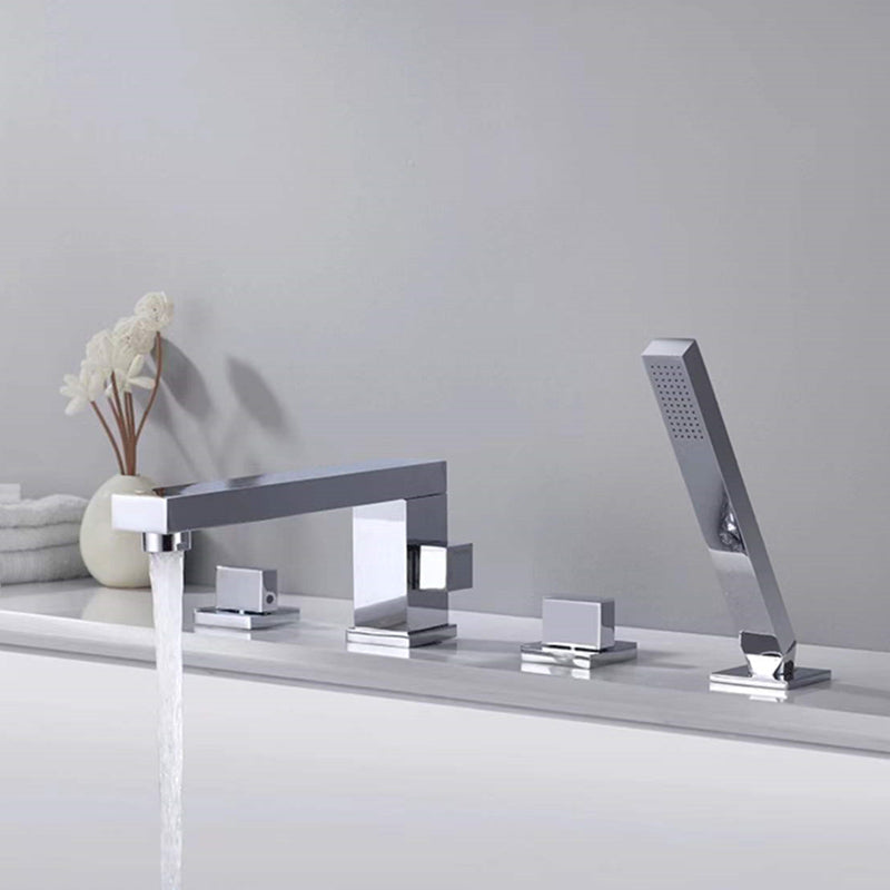 Modern Swivel Bathroom Faucet Low Arc Deck Mounted Bathtub Faucet Silver Square Faucet 4 Hole Faucets Clearhalo 'Bathroom Remodel & Bathroom Fixtures' 'Bathtub Faucets' 'bathtub_faucets' 'Home Improvement' 'home_improvement' 'home_improvement_bathtub_faucets' 7111546