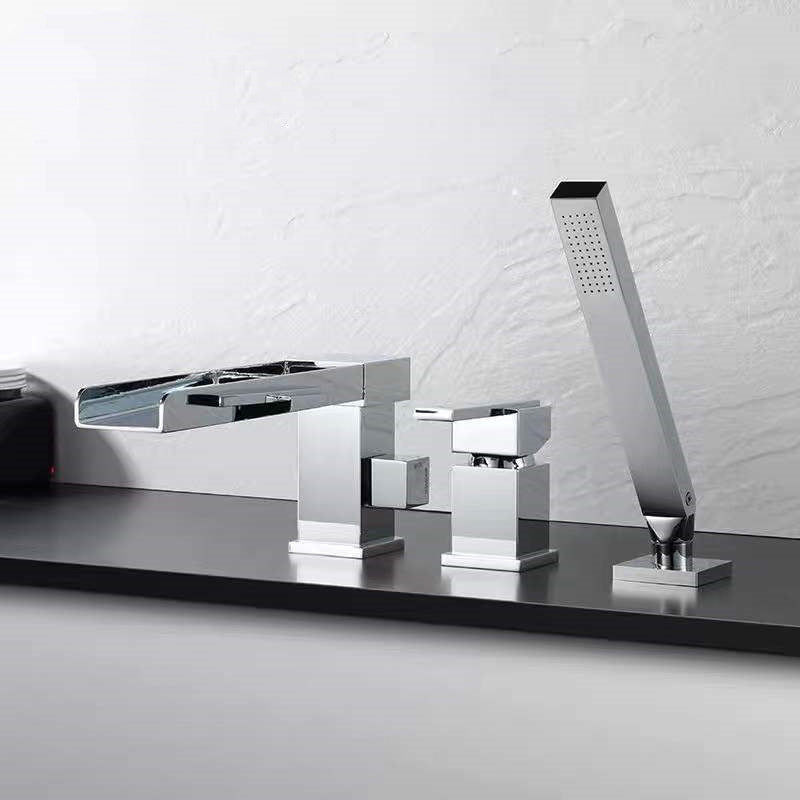 Modern Swivel Bathroom Faucet Low Arc Deck Mounted Bathtub Faucet Silver Waterfall Faucet 3 Hole Faucets Clearhalo 'Bathroom Remodel & Bathroom Fixtures' 'Bathtub Faucets' 'bathtub_faucets' 'Home Improvement' 'home_improvement' 'home_improvement_bathtub_faucets' 7111548