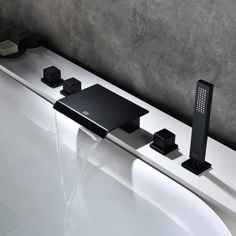 Modern Bathroom Faucet Low Arc Pure Color Wall Mounted Bathroom Sink Fauce Black 5 Hole Faucets Clearhalo 'Bathroom Remodel & Bathroom Fixtures' 'Bathtub Faucets' 'bathtub_faucets' 'Home Improvement' 'home_improvement' 'home_improvement_bathtub_faucets' 7111571