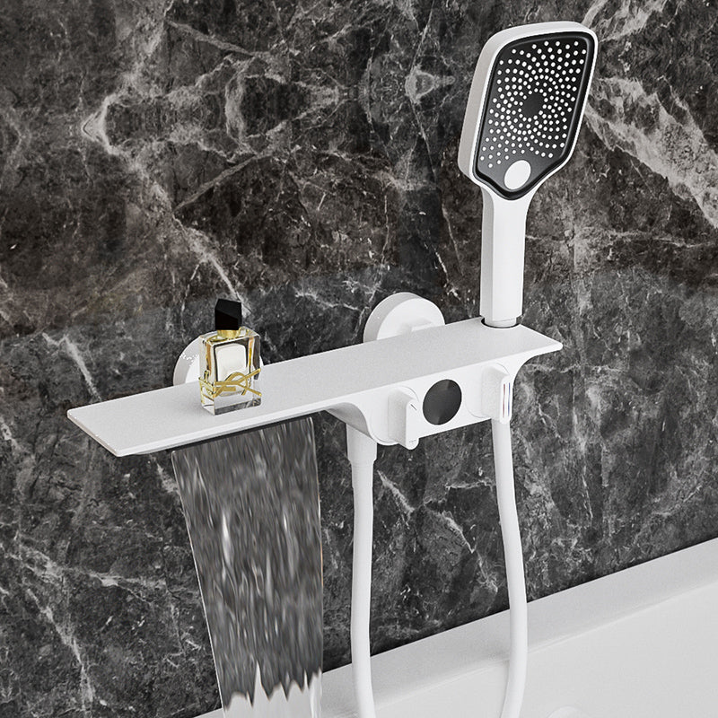 Modern Low Arc Tub Faucet Knob Handles Wall Mount Bathroom Faucet White Lifting Risers Not Included Clearhalo 'Bathroom Remodel & Bathroom Fixtures' 'Bathtub Faucets' 'bathtub_faucets' 'Home Improvement' 'home_improvement' 'home_improvement_bathtub_faucets' 7111584