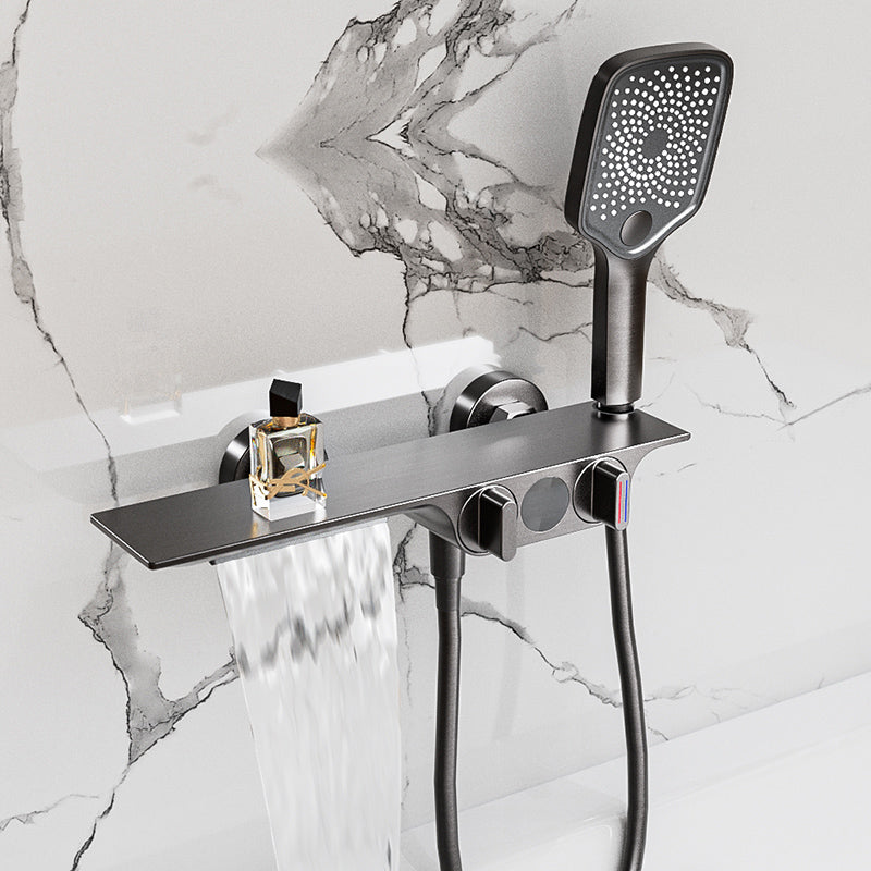 Modern Low Arc Tub Faucet Knob Handles Wall Mount Bathroom Faucet Dark Gray Lifting Risers Not Included Clearhalo 'Bathroom Remodel & Bathroom Fixtures' 'Bathtub Faucets' 'bathtub_faucets' 'Home Improvement' 'home_improvement' 'home_improvement_bathtub_faucets' 7111586