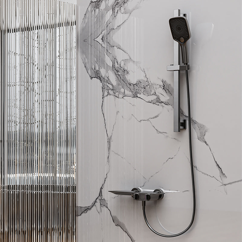 Modern Low Arc Tub Faucet Knob Handles Wall Mount Bathroom Faucet Dark Gray Lifting Risers Included Clearhalo 'Bathroom Remodel & Bathroom Fixtures' 'Bathtub Faucets' 'bathtub_faucets' 'Home Improvement' 'home_improvement' 'home_improvement_bathtub_faucets' 7111588