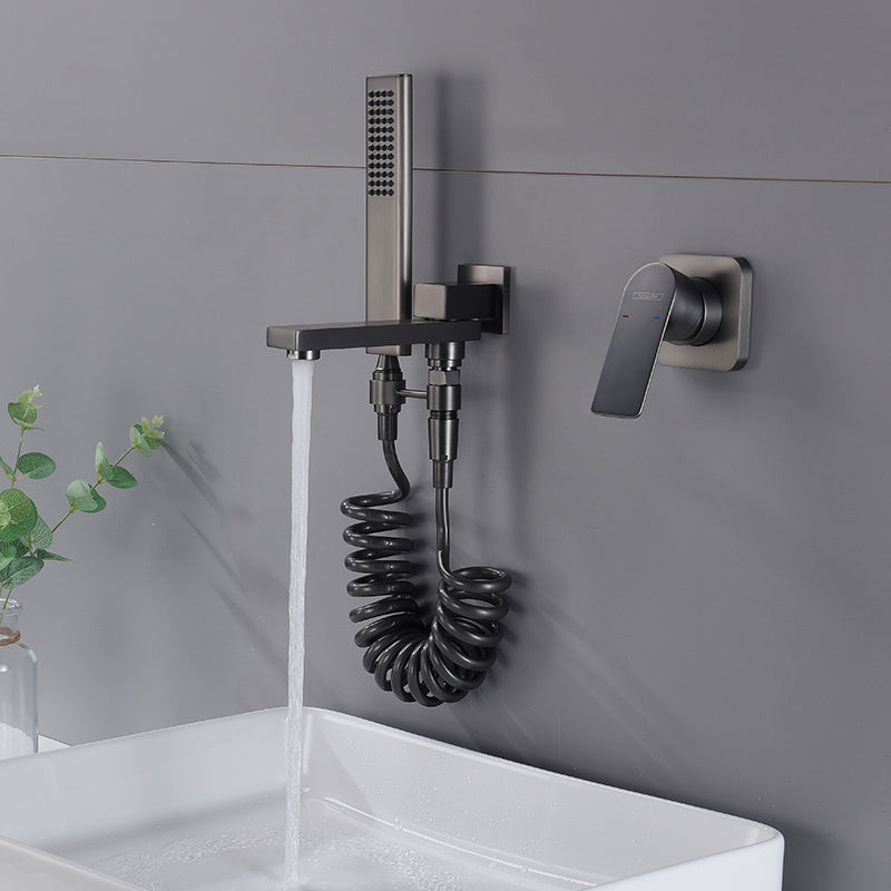 Contemporary Bathtub Faucet Solid Color Low Arc Wall Mounted Bathroom Faucet Clearhalo 'Bathroom Remodel & Bathroom Fixtures' 'Bathtub Faucets' 'bathtub_faucets' 'Home Improvement' 'home_improvement' 'home_improvement_bathtub_faucets' 7111597