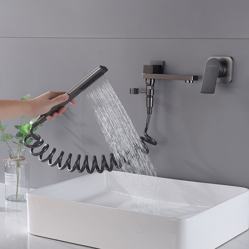 Contemporary Bathtub Faucet Solid Color Low Arc Wall Mounted Bathroom Faucet Clearhalo 'Bathroom Remodel & Bathroom Fixtures' 'Bathtub Faucets' 'bathtub_faucets' 'Home Improvement' 'home_improvement' 'home_improvement_bathtub_faucets' 7111600