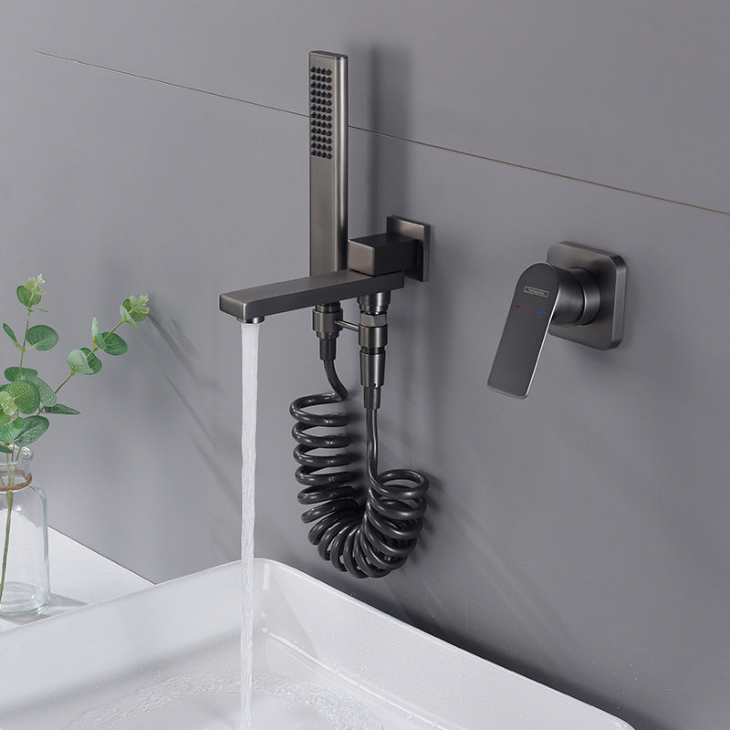 Contemporary Bathtub Faucet Solid Color Low Arc Wall Mounted Bathroom Faucet Clearhalo 'Bathroom Remodel & Bathroom Fixtures' 'Bathtub Faucets' 'bathtub_faucets' 'Home Improvement' 'home_improvement' 'home_improvement_bathtub_faucets' 7111602