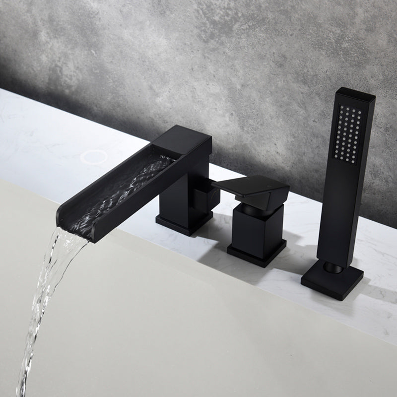 Modern Bathtub Faucet Solid Color Deck Mount Roman Tub Faucets Black Waterfall Faucet 3 Hole Faucets Clearhalo 'Bathroom Remodel & Bathroom Fixtures' 'Bathtub Faucets' 'bathtub_faucets' 'Home Improvement' 'home_improvement' 'home_improvement_bathtub_faucets' 7111656