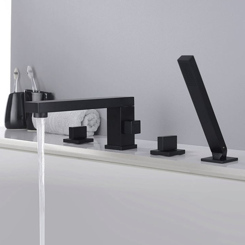 Modern Bathtub Faucet Solid Color Deck Mount Roman Tub Faucets Black Square Faucet 4 Hole Faucets Clearhalo 'Bathroom Remodel & Bathroom Fixtures' 'Bathtub Faucets' 'bathtub_faucets' 'Home Improvement' 'home_improvement' 'home_improvement_bathtub_faucets' 7111658