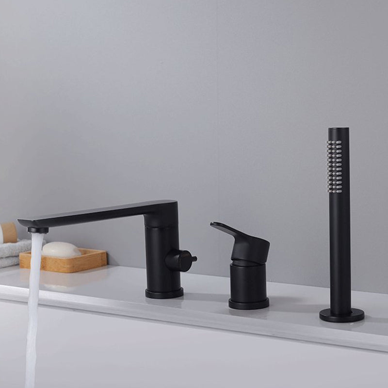 Modern Bathtub Faucet Solid Color Deck Mount Roman Tub Faucets Black Round Faucet 3 Hole Faucets Clearhalo 'Bathroom Remodel & Bathroom Fixtures' 'Bathtub Faucets' 'bathtub_faucets' 'Home Improvement' 'home_improvement' 'home_improvement_bathtub_faucets' 7111661