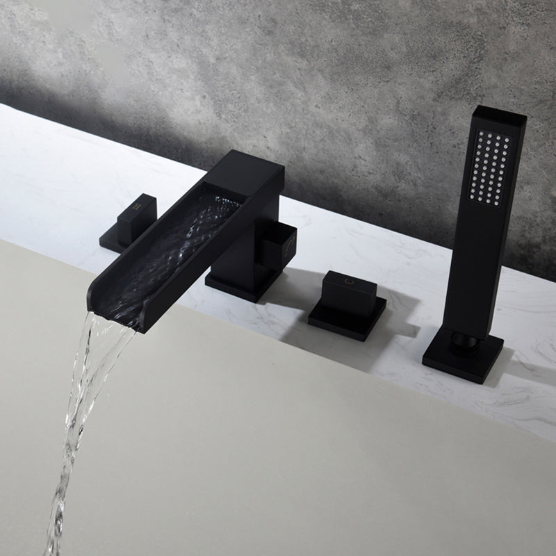 Modern Bathtub Faucet Solid Color Deck Mount Roman Tub Faucets Black Waterfall Faucet 4 Hole Faucets Clearhalo 'Bathroom Remodel & Bathroom Fixtures' 'Bathtub Faucets' 'bathtub_faucets' 'Home Improvement' 'home_improvement' 'home_improvement_bathtub_faucets' 7111662
