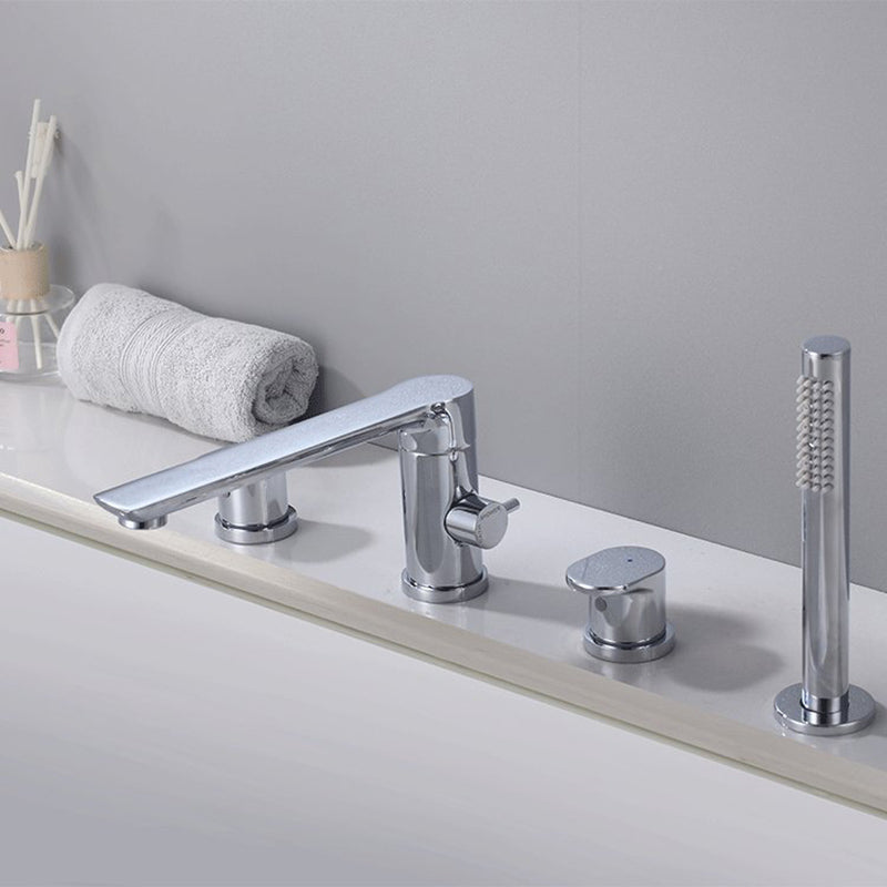 Modern Bathtub Faucet Solid Color Deck Mount Roman Tub Faucets Silver Round Faucet 4 Hole Faucets Clearhalo 'Bathroom Remodel & Bathroom Fixtures' 'Bathtub Faucets' 'bathtub_faucets' 'Home Improvement' 'home_improvement' 'home_improvement_bathtub_faucets' 7111666